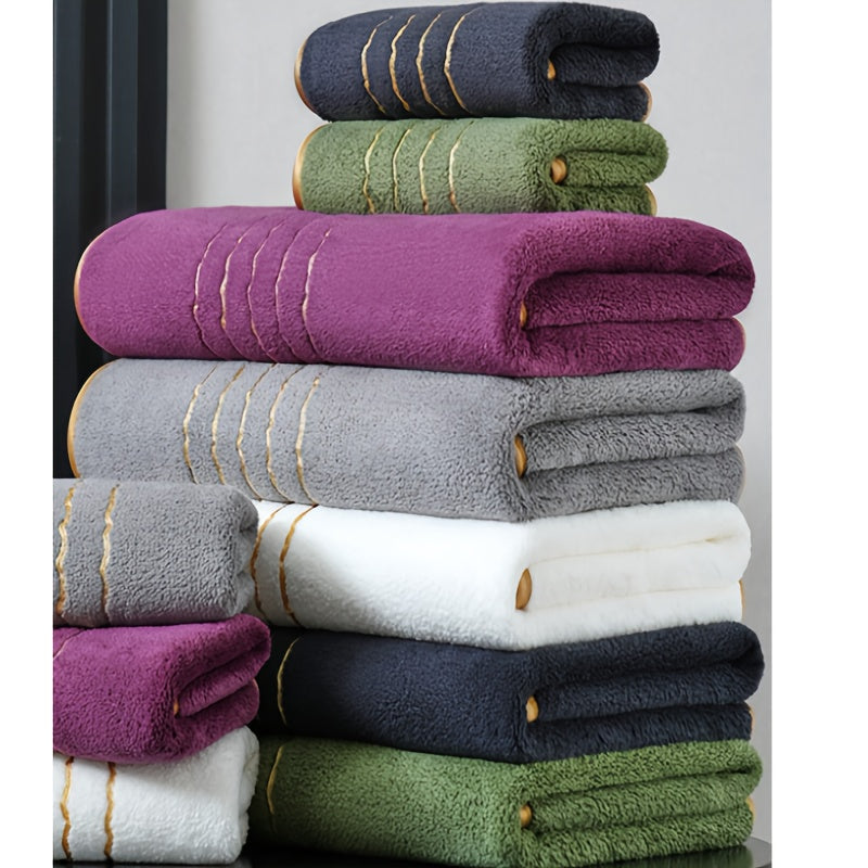 Conjunto de 2 Toalhas de Banho e Toalhas de Mão Modernas às Riscas em Coral Fleece, com Super Absorvência, Medindo 70*140Cm/27.5*55 Inches e 35*75Cm/13.33*29.01 Inches, Perfeitas para Casas de Banho, Ginásios, Festas, Presentes, Feriados e Hotéis