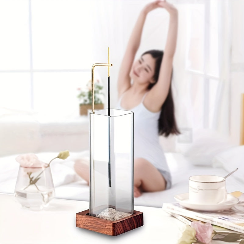 Suporte Elegante para Incenso de Madeira e Vidro com Detalhes Dourados - Não Precisa de Eletricidade, Design Seguro de Ventilação de Fumaça para Yoga, Decoração de Casa e Relaxamento, Suporte para Varetas de Incenso, Estilo Contemporâneo, Design Minimalista, Construção em Vidro Durável, Acabamento