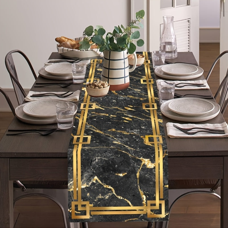 Caminho de Mesa Elegante em Mármore com 35.0 X 180.01 cm - Apresenta um Borda Dourada com Textura em Branco, Preto e Azul. Feito de Poliéster, é Ideal para Decorar Mesas de Jantar e Cozinha Durante Festas e Celebrações
