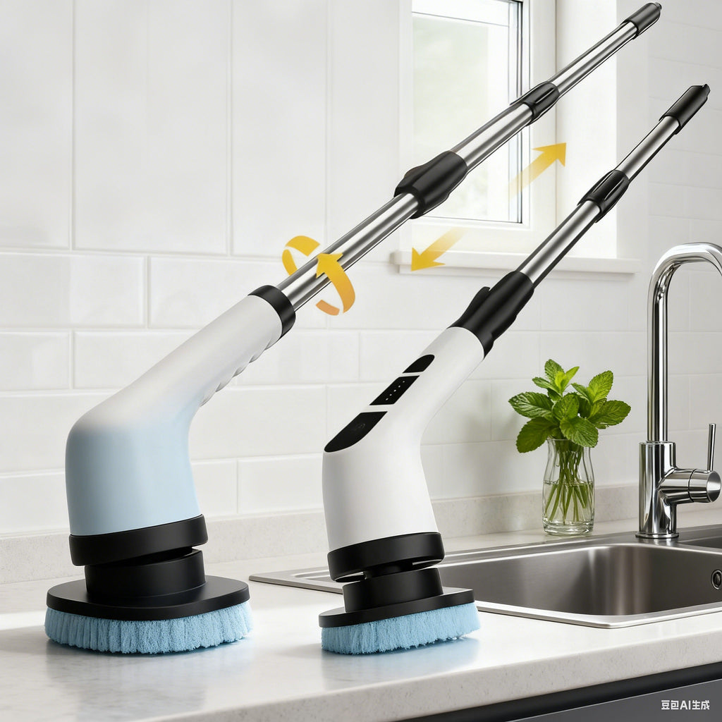 Electric Cleaner with Interchangeable Brush Heads (Soft/Hard), Extendable Length, Easily Cleans Hard-to-Reach Areas, USB-Powered — A Lightweight Electric Mop, Perfect Gift for Household Cleaning