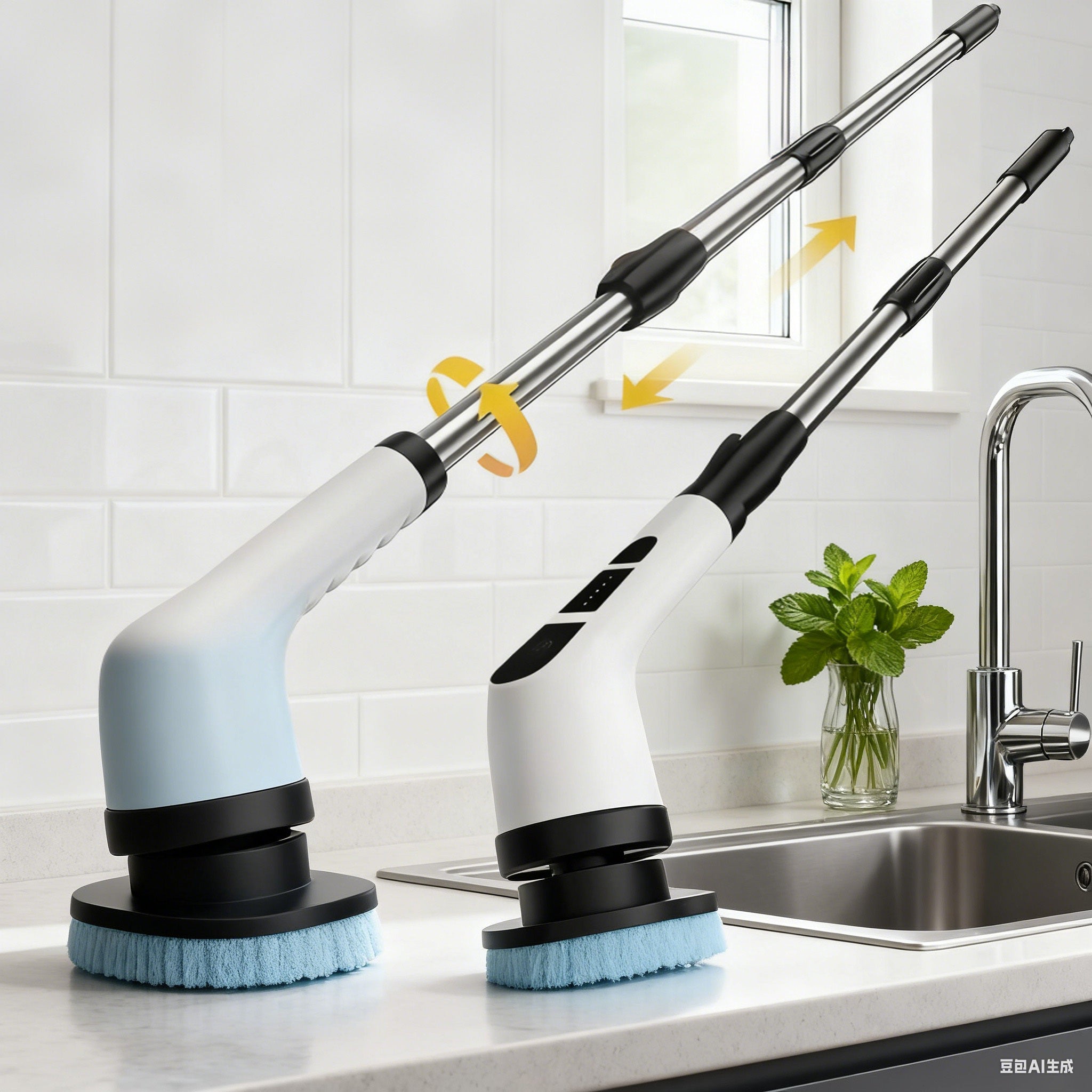 Electric Cleaner with Interchangeable Brush Heads (Soft/Hard), Extendable Length, Easily Cleans Hard-to-Reach Areas, USB-Powered — A Lightweight Electric Mop, Perfect Gift for Household Cleaning