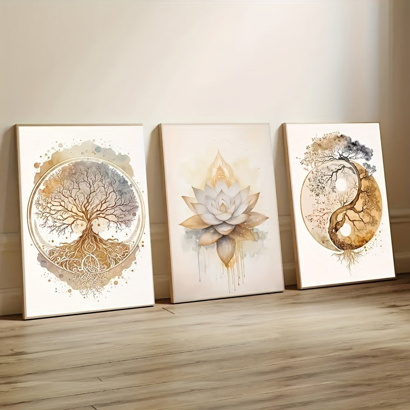 [2D Flat] Três Posters de Tela de Arte Decorativa Moderna com a Árvore da Vida e Impressões de Lótus, Orientados para Retrato, Pinturas a Óleo Sem Moldura para Arte de Parede em Salas de Estar e Quartos.