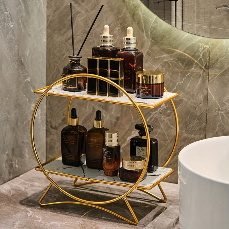Organizador de banheiro de duas camadas DONGZHANGGUI com base elegante de orelha de gato - Prateleiras de metal elegantes para cosméticos, cuidados de pele e perfumes - Acabamento lacado, ideal para um banheiro moderno, organizadores e armazenamento de banheiro