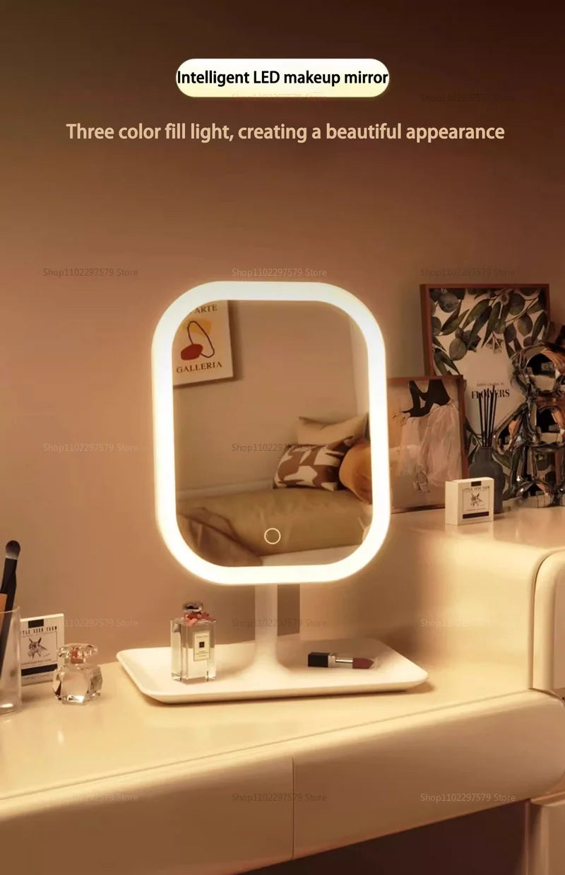 Espelho de Maquiagem LED Tricolor com Controle de Toque